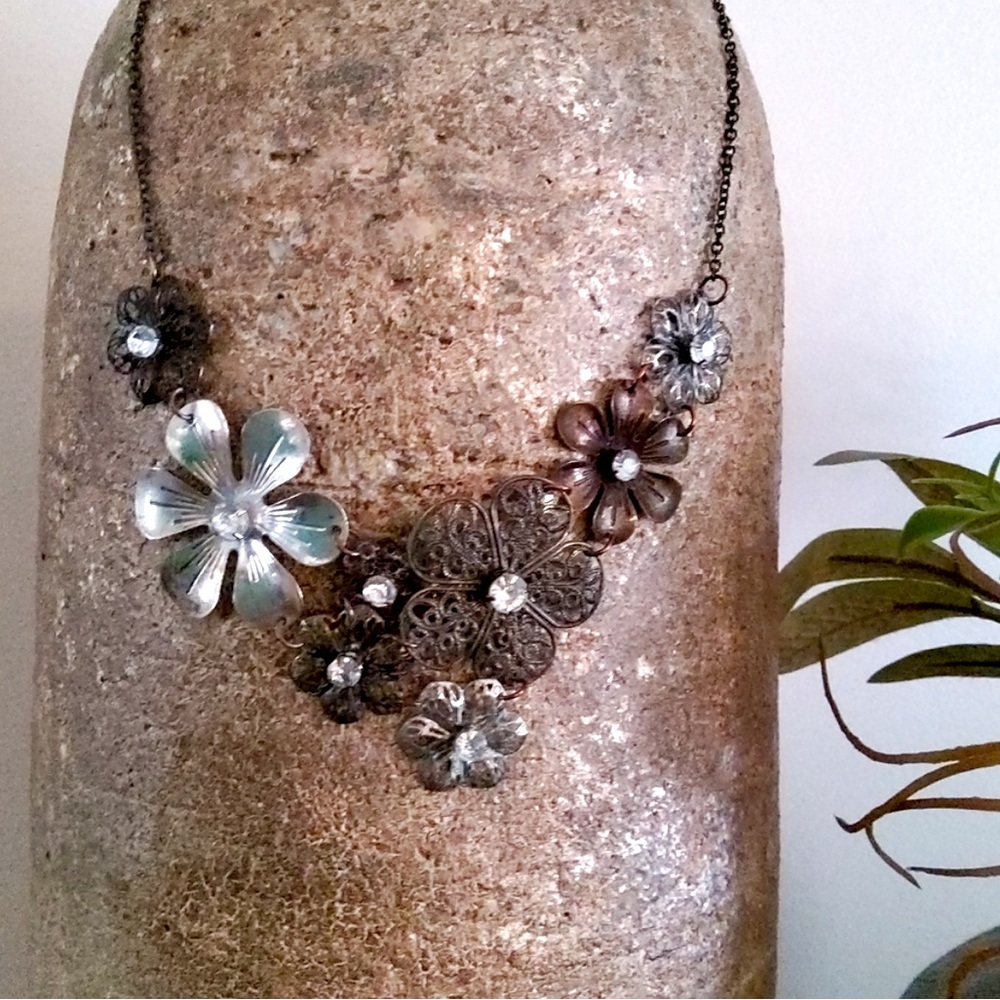 Brown & Silver Flower Fashion Necklace Metal art large choker layering style